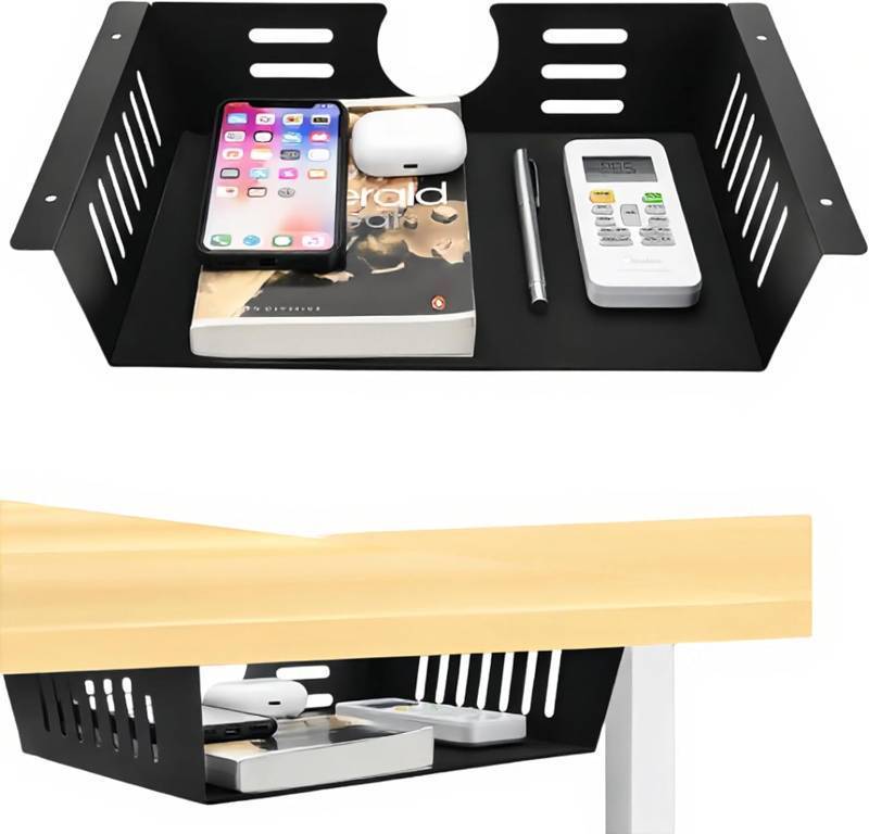 lot 17660 image: 2 Pack Under Desk Shelf-Metal -Black Under Shelf Storage for Office Tables & Workstations 13Inch