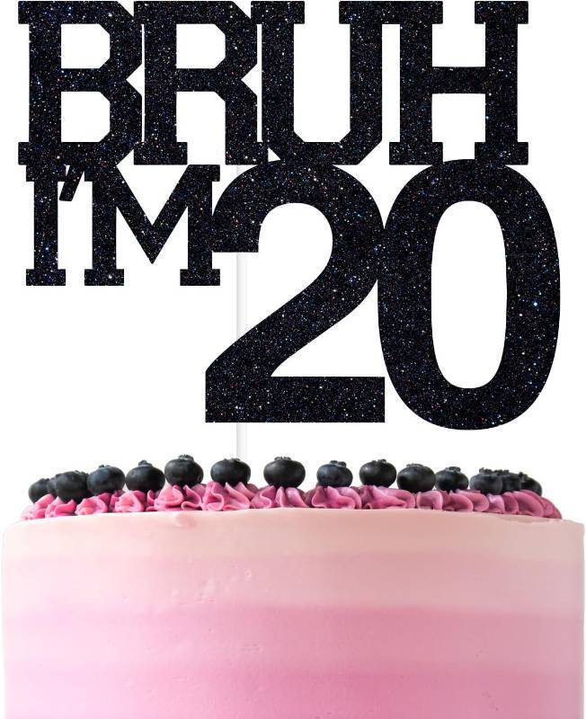 lot 22243 image: Black Glitter Bruh Im 20 Cake Topper, Happy 20th BirthdayBro Im 20Cheers to 20 Years, Funny 20th Birthday Party Decorations Supplies