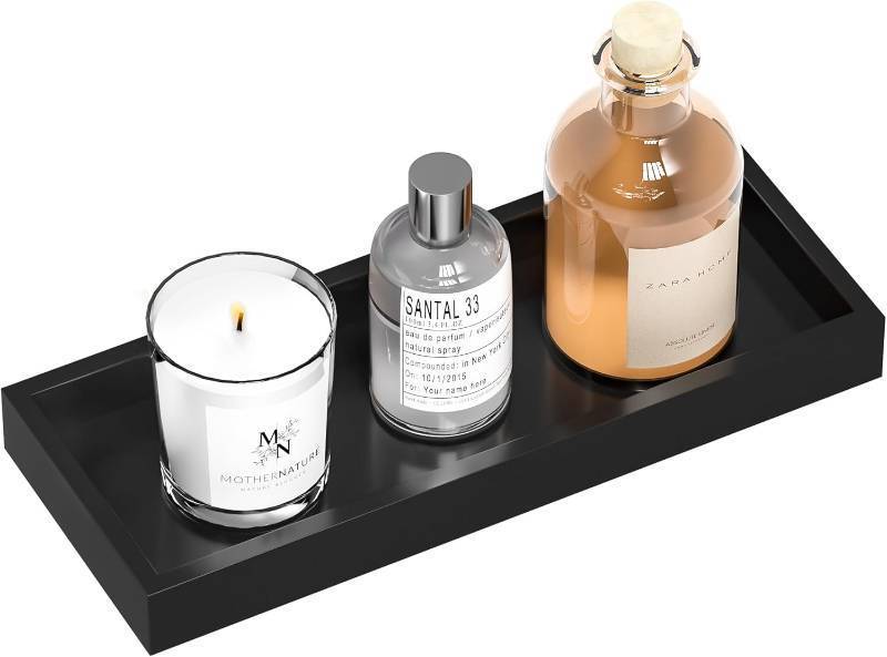 lot 22297 image: ZHWS Bathroom Tray Countertop for Toiletries, Black Vanity Tray for Makeup Perfume Decor Candle, Bamboo Kitchen Tray for Soap Dispenser Salt Pepper Brush Holder 11.3 L x 4.4 W x 1.1 H