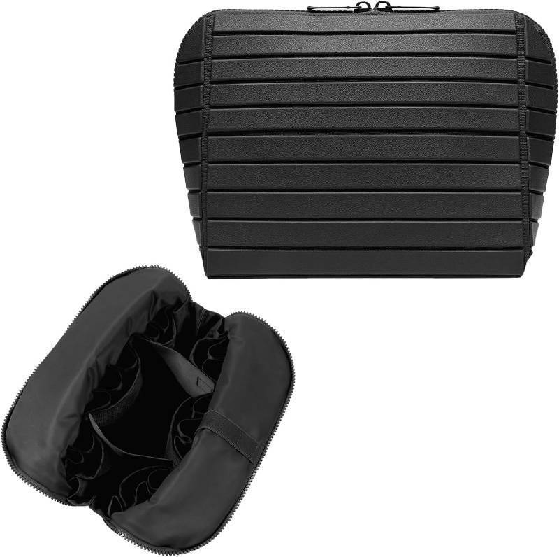 lot 17358 image: Travel Makeup Organizer Bag with Fold-Down Design and Adjustable Dividers, 27 Pockets & 3 Brush Storage Holders, Large Capacity Cosmetic Bags Toiletry Case- Black