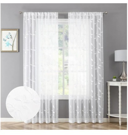 lot 17368 image: Tollpiz White Leaf Sheer Curtains Leaves Embroidered Bedroom Curtain Rod Pocket Voile Window Treatment for Living Room, Set of 2 PanelsOverall Pick