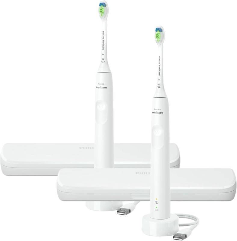 lot 17371 image: Philips Sonicare Electric Toothbrush with DiamondClean Brush Head 2-Pack Bundle, Rechargeable Electric Tooth Brush with Pressure Sensor, Sonic Electronic Toothbrush, Travel Case, White - Retail $89.99