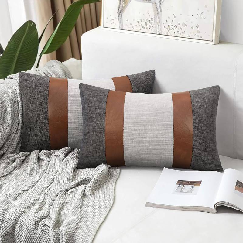 lot 19014 image: Merrycolor Faux Leather Throw Lumbar Pillow Covers 12 x 20 Inch Modern Farmhouse Pillow Covers Gray and Brown Accent Pillows Decorative Pillows for Couch Sofa Bed, Set of 2