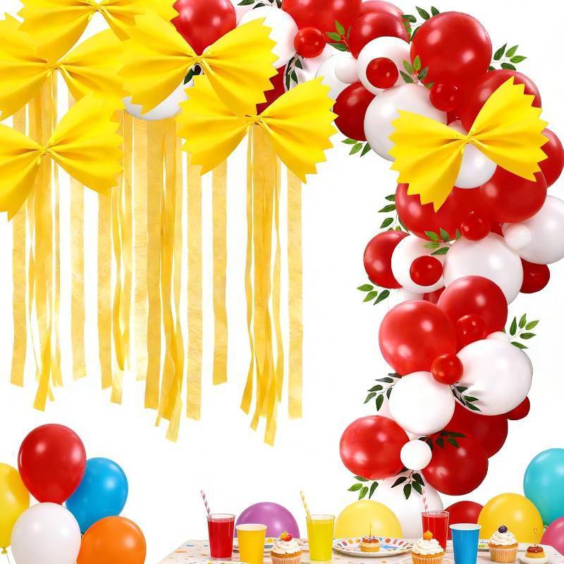 lot 10408 image: 138 Pcs Pasta Party Decorations Italian Party Decorations Red and White Balloon Garland Arch Kit with Yellow DIY Spaghetti Craft for Pasta Pizza Theme Baby Shower Birthday Supplies