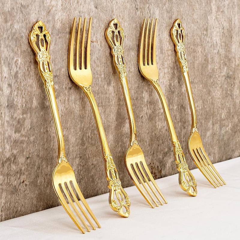 lot 8362 image: 30PCS Gold Plastic Forks - 8.1inch Gold Forks Disposable - Vintage Heavy Duty Dessert Forks - Premium Fancy Plastic Silverware for Parties, Weddings, Dinners and Events