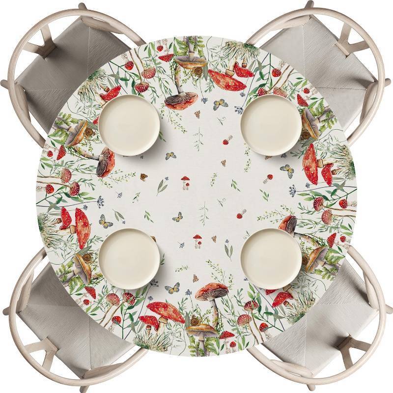 lot 8254 image: Horaldaily Fitted Tablecloth for 45-56 Round,Mushrooms Fairy Tale White  Wild Grass Fancy Washable Table Cover With Elastic Edge for Decoration Kitchen, Dining, Picnic, Camping, Party Color is black