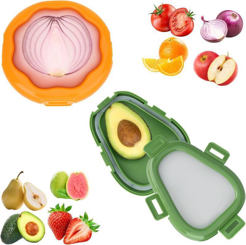 lot 8211 image: KMOSENIA Avocado Saver, Fruit Storage Containers for Fridge, 2 Pack  Avocado saver with silicone seal for fridge storage. Keeps cut fruits and vegetables fresh, organized and reusable.