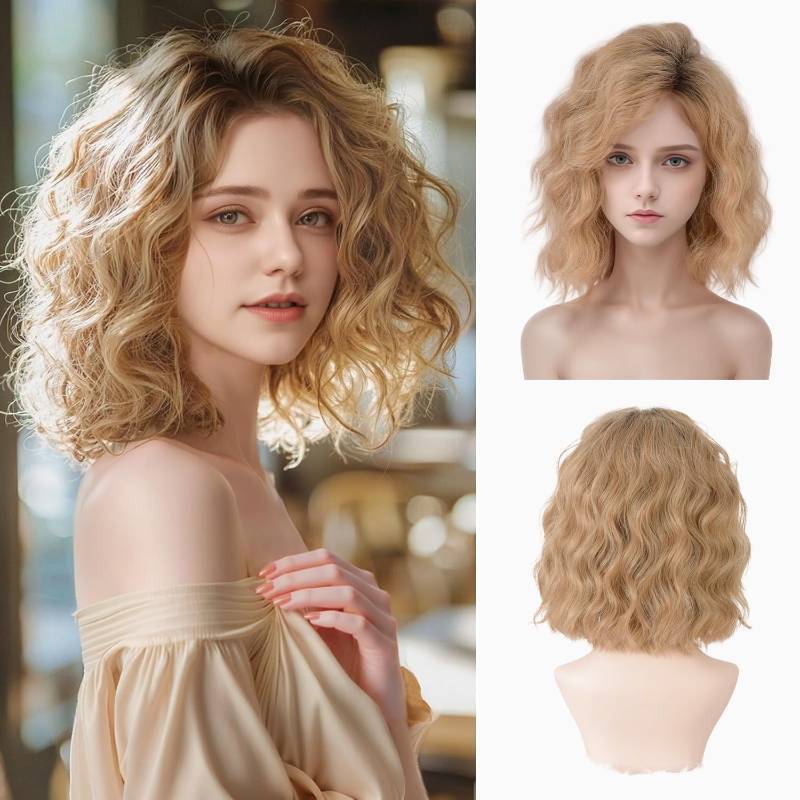 lot 10355 image: Short Ombre Blonde Wavy Bob Wig for Women 14 Inch Shoulder Length Curly Free Part Synthetic Wig for Daily and Party Use with Natural Look (Blonde, 14 Inch)