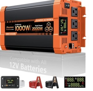 lot 40392 image: 1000W Pure Sine Wave Inverter, 12V DC to 110V120V AC Car Power Inverter for Vehicles, Camping, RV, Travel, Home Backup, with 3 AC Outlets, USB-A, Type-C, LCD Display, Remote Controller