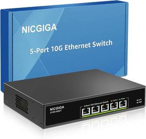 lot 45040 image: 5 Port 10G Ethernet Switch Unmanaged,with 5X 10Gb Base-T RJ45 Ports, NICGIGA 10Gbps Network Switch Easy for 10G NAS,PC,WiFi7 Router,10G AdapterNIC. Desktop or 19-inch Rack Mount, Plug and Play.