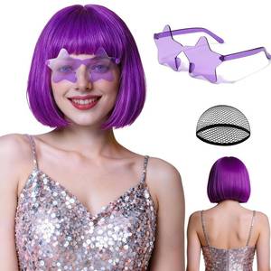 lot 73541 image: Purple Bob Wig with Bangs Star-Shaped Sunglasses for Women, Girls Funny Colorful Neon Bob Wigs Party Replacement Hair for Mardi Gras Birthday Bachelorette Halloween Costume Party Cosplay (missing glasses) - Retail $10
