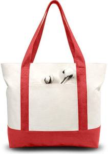 lot 73556 image: 1-Pack Canvas Tote Bag with an External Pocket, Reusable Grocery Shopping Bag, Top Zipper Closure, Daily Essentials (RedNatural) - Retail $13