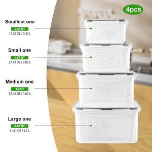 lot 28544 image: Fruit Storage Containers for Fridge with Removable Colander 4 PCS (one clip of the lids is broken, see Picture for reference) - Retail $18