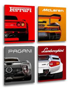 lot 28551 image: Modern Car Posters Classic Supercar Wall Art Prints, Ferrari Lamborghini McLaren Pagani Canvas Posters for Man Cave Boys Room Wall Decor, Sports Car Art Prints, 4 Set - 8x10 Frame, Ready to Hang - Retail $28