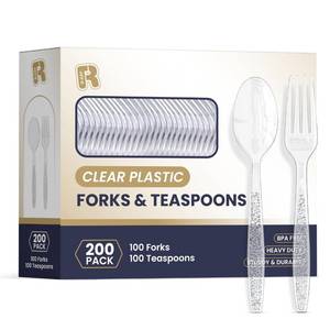 lot 28553 image: 200 Count Plastic Silverware Heavy Duty - Clear Plastic Forks And Spoons Set - BPA Free Plastic Utensils Set - Heat Resistance Cutlery For All Occasions - Retail $14