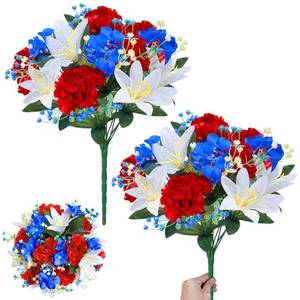 lot 28556 image: Artificial Red White Blue Flowers for Cemetery, UV Resistant 2 Bouquets 22 Heads Patriotic Flowers Carnations Lilies Hydrangeas for 4th of July Decor Veterans Outdoor Indoor USA 250th Anniversary - Retail $24