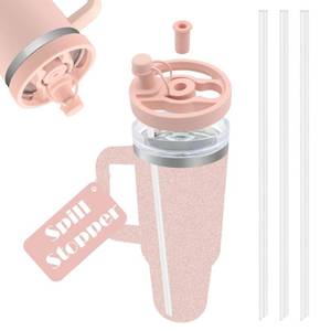 lot 28560 image: Spill Stopper Cup Lid for Stanley 40oz Tumbler with Handle, Quencher H1.0  H2.0 Leak Proof Kit for Stanley 40oz Lid Replacement Accessories Straw Cover, Silicone Straws, Flip Straw Lid (Pink) - Retail $9