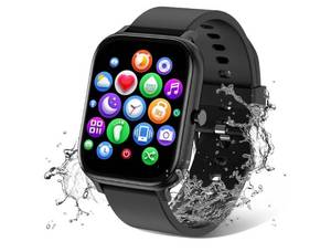 lot 28570 image: Smart Watch for Men Women Compatible with iPhone Samsung Android Phone 1.69 inch Full Touch Screen IP68 Waterproof Bluetooth Fitness Tracker Heart RateSleep Monitor (Black) - Retail $20