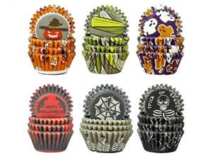lot 28572 image: Halloween Cupcake Liners Mini Muffin Liners for Halloween 300-Count 6 Original Design No Smell, Food Grade Baking Cups Paper(Small Size) - Retail $8