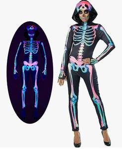lot 28573 image: Women Rainbow Skeleton Costume Hooded Jumpsuit for Halloween Dress Up Party, UV Blacklight Reactive - Retail $25