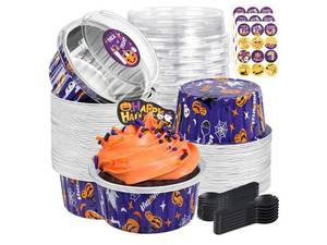 lot 28574 image: Disposable Mini Cake Containers, Aluminum Foil Mini Loaf Pans with Individual Spoon Sticker, for Halloween Party - Retail $10