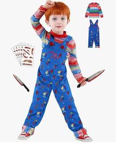 lot 28575 image: ��5 Sizes for 3-11Y�� Chucky Costume for Kids Halloween Jumpsuit Long Sleeve Rainbow Shirt Prop Knife Scar Tattoos - Retail $36