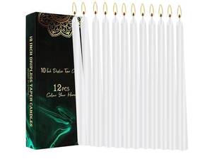 lot 28578 image: 10-Inch White Taper Candles 12 Pack, Unscented Smokeless Dripless Candlesticks, 7-8 Hours Long Burning for Home Decor, Dinner, Church & Emergency Use, Weddings & Everyday Use (12, White) (one stick is broken, see picture for reference) - Retail $10