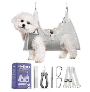 lot 28579 image: Dog Grooming Hammock Harness for Dogs & Cats with Pet Nail Clipper Trimmer - Cat Hanger Sling for Trimming Clipping Nails- Dog Hammock Restraint Bag for Small Medium Large pet �� Grey S �� - Retail $17