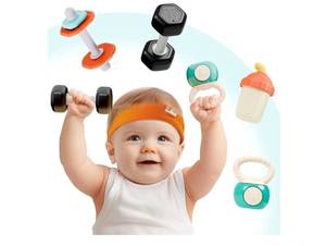 lot 28586 image: 3PCS Baby Gym Rattle Toys, Newborn Shower Gifts 3-6-9 MonthsInfant Sensory Teething Rattles, Babies Weight Set wDumbbell, Toddler Car Seat Toy, First Birthday Gifts 4 5 7 8 10 12 Month - Retail $15