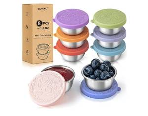 lot 28590 image: 8 Pack - 1.6 Oz Small Salad Dressing Containers To Go, Sauce Cups with LidsFood-grade stainless steel, leakproof reusable, BPA-free silicone, for lunch boxes, Kitchen storage, Picnic & meal prep - Retail $8