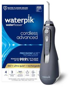 lot 28610 image: Waterpik Cordless Advanced Portable Water Flosser, Rechargeable, Gray3 Settings, 4 Tips, Travel Bag, for Gums, Teeth, Dental Braces, Implants, Shower Use ADA Accepted WP-587 Packaging May Vary - Retail $100