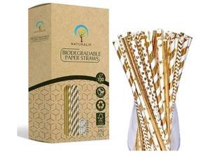 lot 28628 image: 100-Pack Biodegradable Gold Paper Straws - Extra Durable, StripedWaveHeartStarSolid Gold Straws for Birthday, Wedding, BridalBaby Shower and Party Supplies - Retail $8