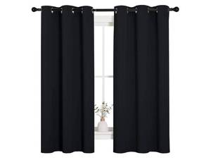 lot 28638 image: Black Blackout Curtains for Bedroom 42 Wide x 63 Long 2 PanelsSolid Grommet Thermal Insulated Drapes, Noise Reducing, Light Blocking, Room Darkening Decor for Kitchen Window Treatments - Retail $10