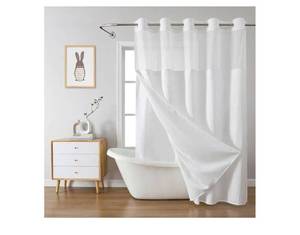lot 28641 image: No Hook Waffle Shower Curtain with Snap-in Liner, 71x74 Inch, White230 GSM waffle weave fabric, waterproof liner set with 2 bottom magnets, mesh top window, washable, for bathroom or hotel use - Retail $31