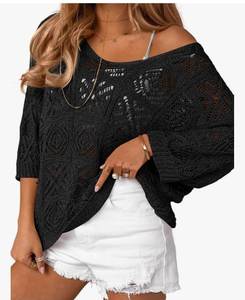 lot 28642 image: Womens Crochet Cover Up Top34 Sleeve, Off Shoulder, Mesh, Boho Beach, Swimsuit Coverup - Retail $18