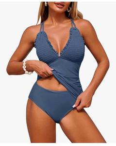 lot 28644 image: Womens Tankini Swimsuits Smocked 2 Piece Bathing Suits Modest TankiniCute Ruffle Hem Adjustable Straps Tie Back Swimwear for Beach, Cruise - Retail $36