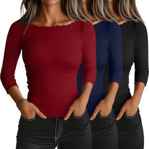 lot 28660 image: 3 Pack Womens 34 Length Sleeve Ribbed Tops, 3-Color, Large - Retail $24