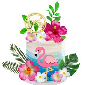 lot 28670 image: 14 PCS Flamingo Cake Toppers Artificial Flower Palm Leaves Cake Decoration for Birthday Summer Tropical Hawaiian Themed Supplies (1) - Retail $7