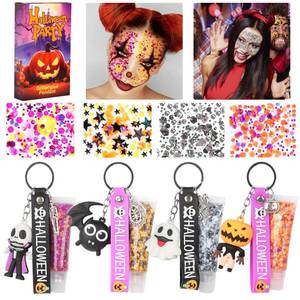 lot 28707 image: 4pcs Halloween Face Glitter Gel, Halloween Keychain with Orange Purple Skull Pumpkin Body Glitter Face Paint, Chunky Glitter for Face Body Hair for Party Rave Music Festival Carnival Makeup - Retail $10