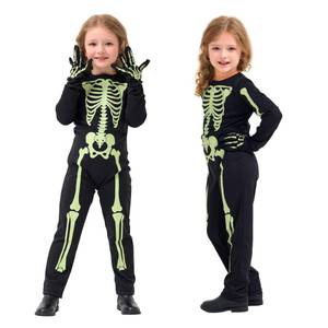 lot 28717 image: Party Talk Kids Skeleton Costume Glow in the Dark Skeleton Costume Halloween Toddler Ghost Onesie with Gloves for Boys Girls - Retail $20