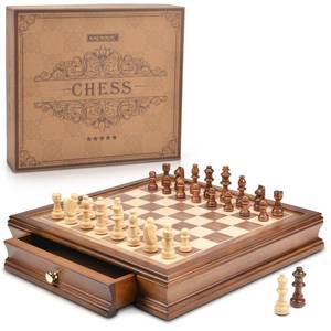 lot 28721 image: 12.8 x 12.8 Magnetic Wooden Chess Set with 2 Built-in Storage Drawers - 2 Bonus Extra Queens - Gift Packaging - Staunton Chess Pieces, Board Games Chess Sets for Adults and Kids - Retail $61