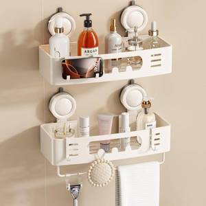 lot 28732 image: Shower Caddy Suction Cup, Shower Shelves for Inside Shower No Drilling, Aluminum Suction Showers Organizer for Wall with Towel Bar & Hooks Removable Bathroom Storage Rack (2 Pack-Cream White) - Retail $32