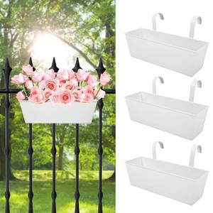 lot 28735 image: Railing Planters Outdoor Balcony 16 Inch Deck Over The Railing Planter Boxes Hanging Planters for Fence Flower 3 Pcs (White) - Retail $27