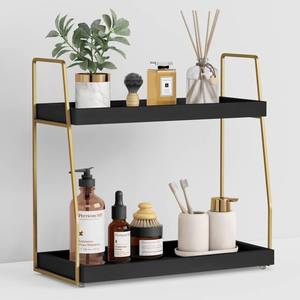 lot 28736 image: Black and Gold Bathroom Organizer Countertop, 2 Tier Counter Organizer for Bathroom Decor, Modern Sink Shelf Organizers for Vanity Storage, Make upTray for Makeup Bedroom - Retail $28