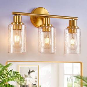 lot 28738 image: 3-Light Bathroom Light Fixtures Gold Modern Vanity Wall Lights with E26 Bulbs - Bubbled Glass Shade Bathroom Wall Lamp for Mirror Kitchen Living Room Hallway Cabinet Porch - Retail $41
