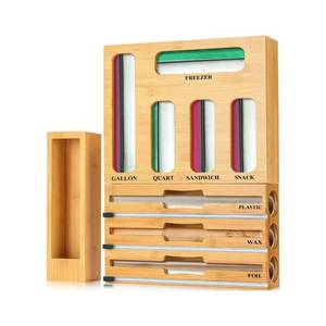 lot 28741 image: Bamboo Food Storage Bag Organizer 9-in-1  Gallon Quart Sandwich Snack Bag Holder for Kitchen Drawer  Aluminum Foil Plastic Wrap Wax Paper Dispenser  Kitchen Cabinet Storage Organization - Retail $43