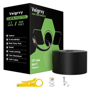 lot 28751 image: Cat 6 Ethernet Cable 500 ft Bulk, 23AWG 550MHz Solid CCA UTP Cat 6 Cable with 30 Rj45 Connector, High-Speed Internet Cable Gaming Network LAN Ethernet Cord for Cameras, Computers - Black - Retail $48
