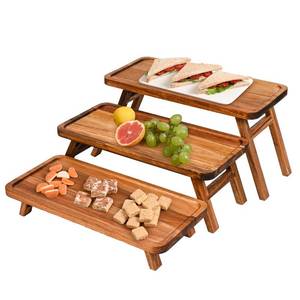 lot 28761 image: 3 Tier Serving Tray Acacia Wooden Tiered Tray Stand Foldable Dessert Table Display Set Decor Charcuterie Boards for Party, Birthday, Wedding, Christmas - Retail $50