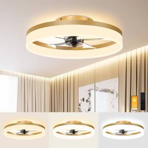 lot 28767 image: Low Profile Ceiling Fans with Lights and Remote, 19.7in Flush Mount, 3000K-6500K Smart Bladeless LED Fan Light, Gold Modern Ceiling Fans with Lights for Bedroom - Retail $80