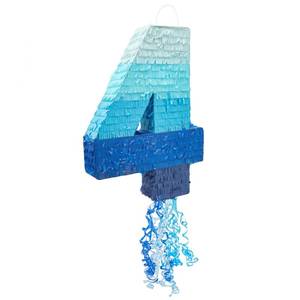 lot 28775 image: BLUE PANDA Pull String Pinata - Corrugated & Number 4 Pinata - Ombre Blue Tissue & 4 Year Old Birthday Decor - Easy Fill & 4 Year Old Boy Fun - Number 4, Ombre Blue - 16.5 x 12 x 3 in - Retail $31